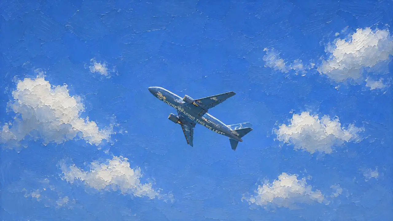 Oil painting of a blue airliner climbing through scattered clouds
