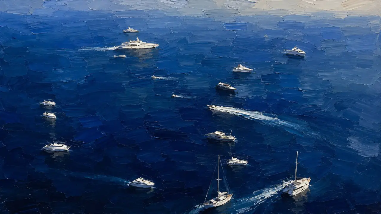 Oil painting from above of white yachts on deep-blue water
