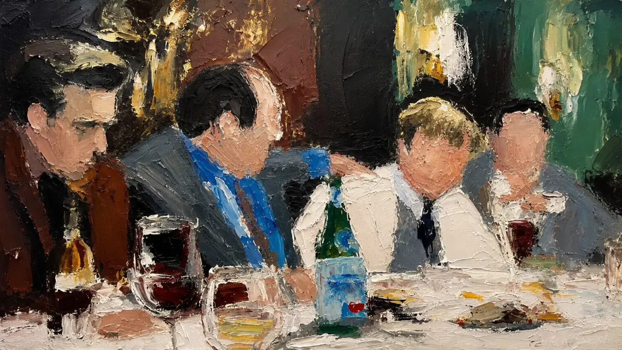 Oil painting of four men at a restaurant table with wine