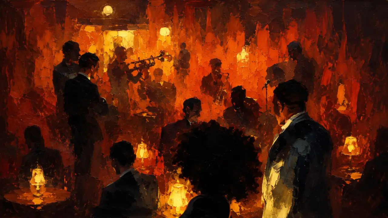 Oil painting of a packed jazz club in orange lamplight