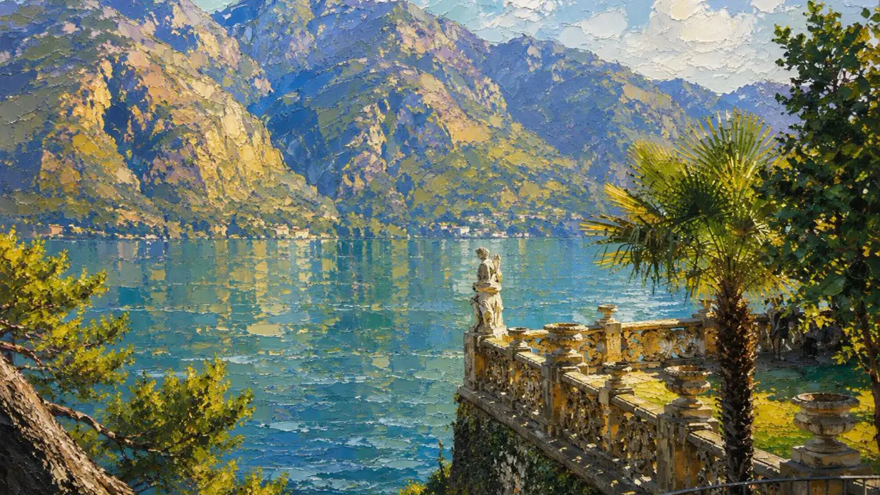 Oil painting of a lakeside terrace with mountains and a stone balustrade