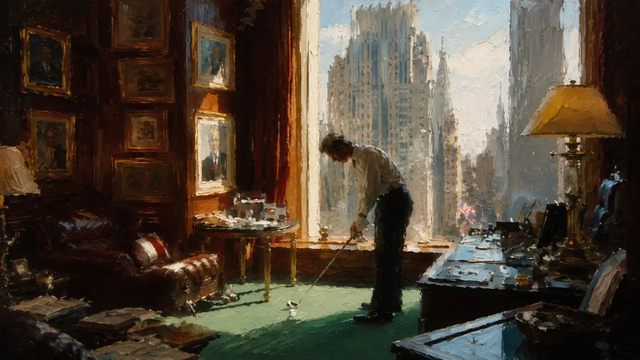 Oil painting of a man putting on a green carpet in a wood-paneled office overlooking the city