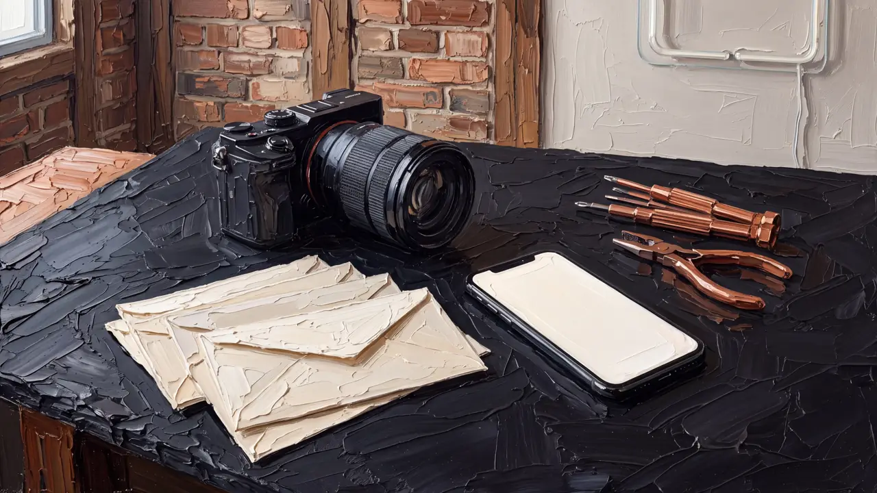 Oil painting of a camera, envelopes, and a phone on black slate with copper tools