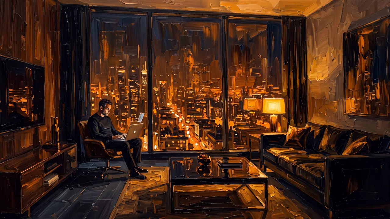 Oil painting of a laptop in a dark apartment overlooking an amber night city
