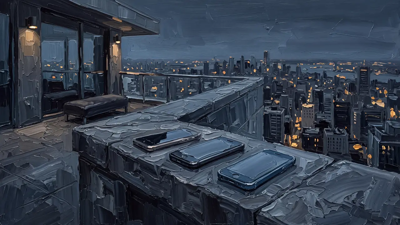 Oil painting of phones on a rooftop under a steel-blue night sky