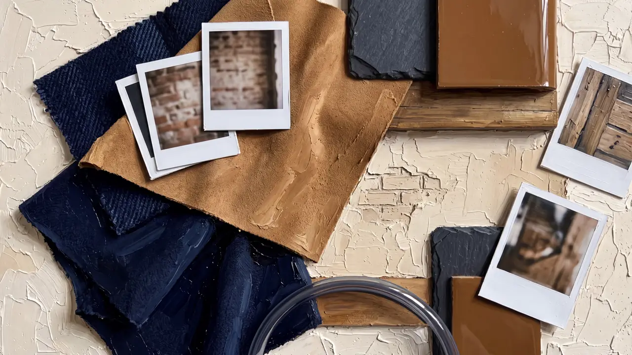 Oil painting of navy and camel fabric swatches with polaroids on cream plaster