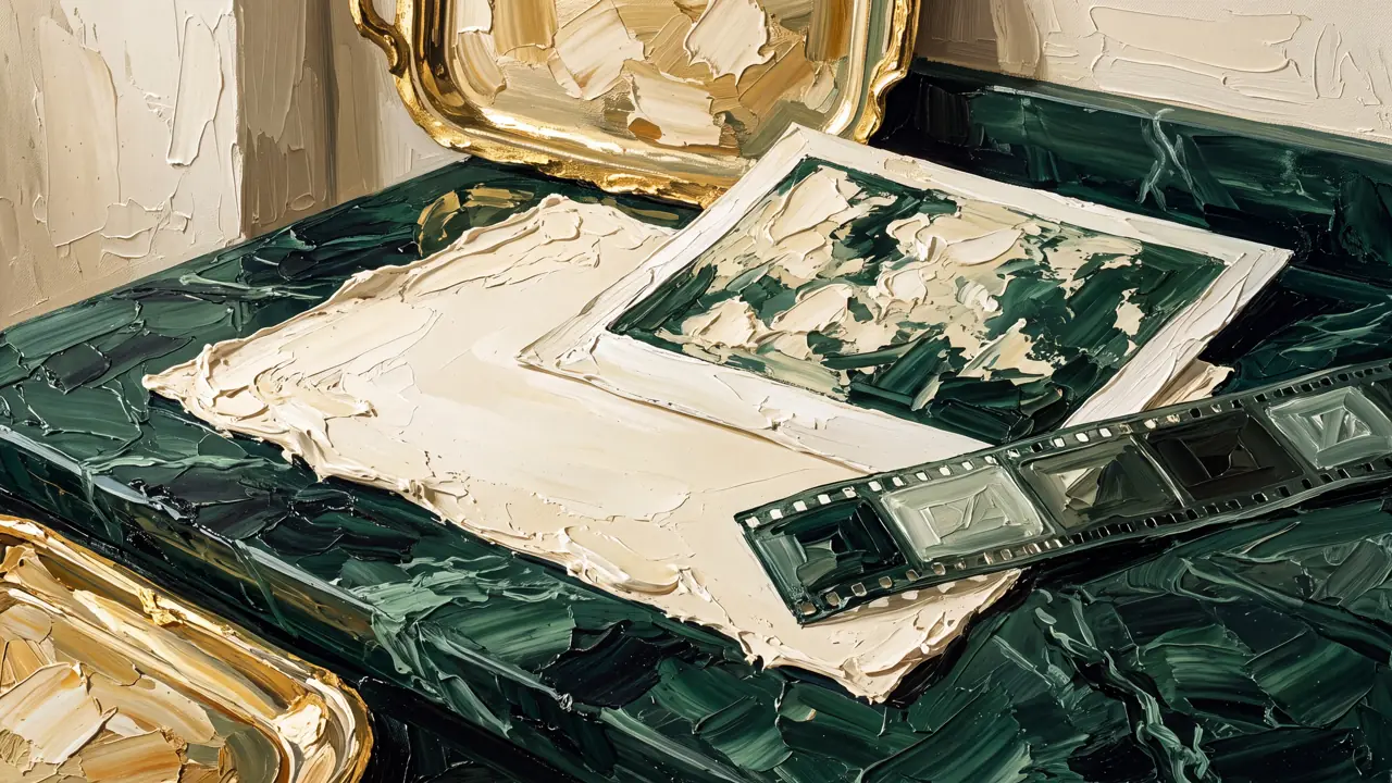 Oil painting of paper, a photo print, and film on forest-green marble