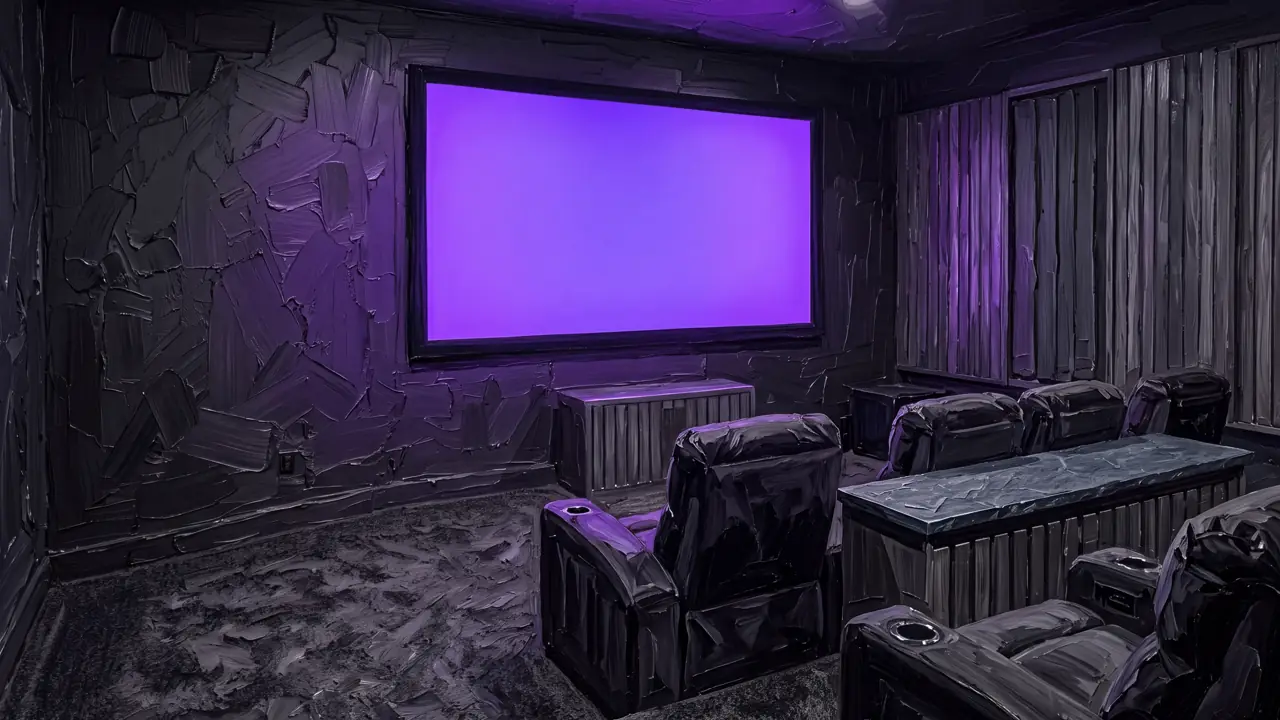 Oil painting of a dark screening room with a violet screen glow