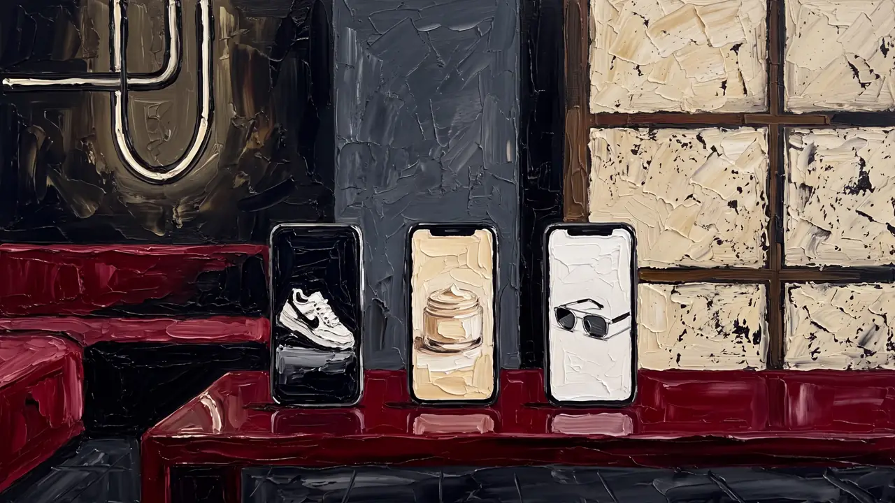 Oil painting of three phones on a cherry-red lacquer table