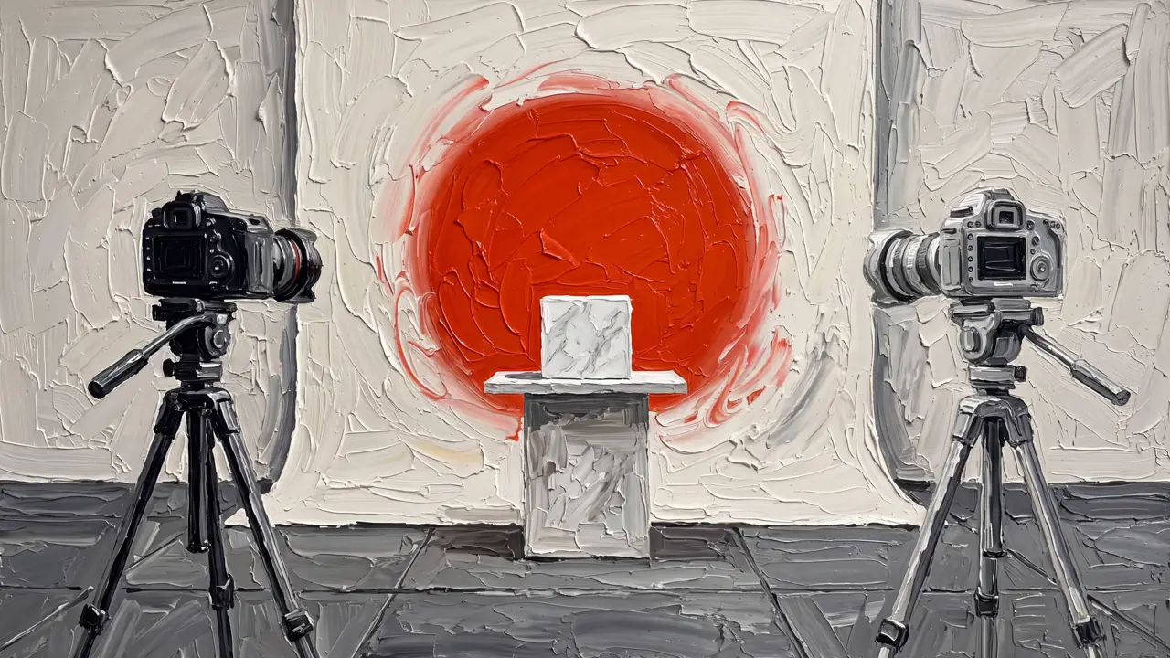 Oil painting of an ivory studio with cameras and a vermillion gel light